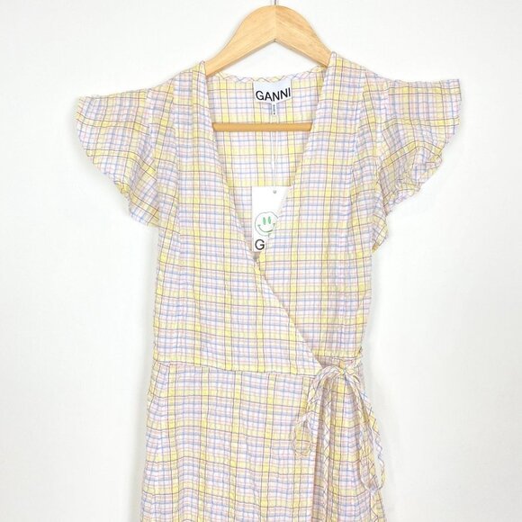 NWT GANNI Seersucker Check Print Wrap Dress in Multicolor Sz 34 / XS - Picture 7 of 13